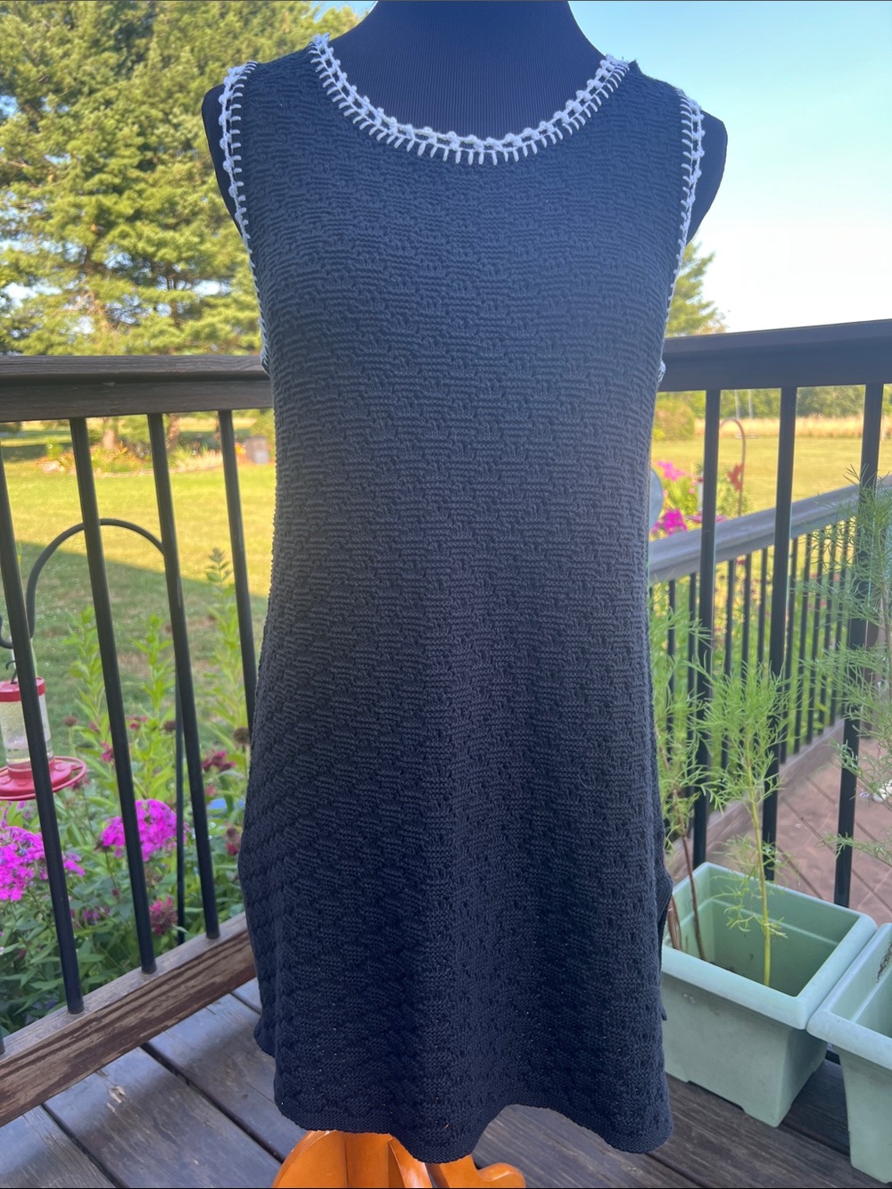 J. Jill Black Sleeveless Knit Mini Dress with White Crochet Trim